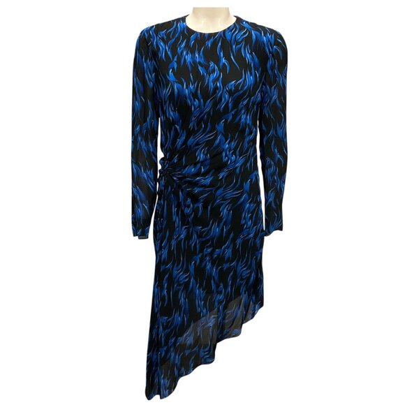 Saint Laurent Blue / Black 2017 Flame Print Asymmetrical Silk Crepe Dress - Picture 1 of 5